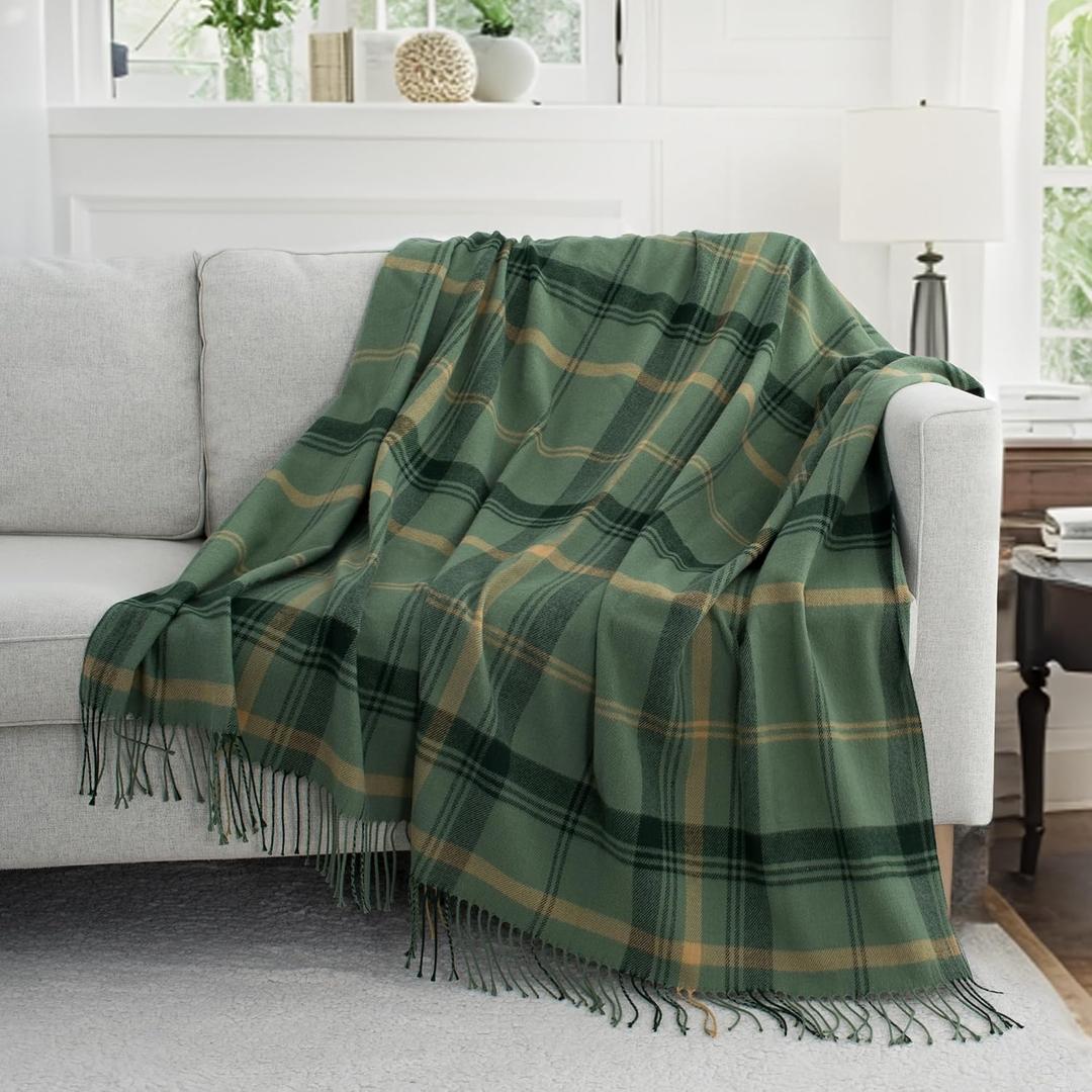Green Plaid Throw Blanket for Couch, 50"X60" Super Soft Cozy Warm Home Decorative Throws with Tassels for Bed Sofa Picnic