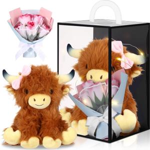 Soulchen 4 Pcs Highland Cow Stuffed Animals Gift Set, 9.45'' Cute Fluffy Bow Cow Plush Toy with Artificial Soap Flower, String Light and Clear Box for Birthday Farm Decoration