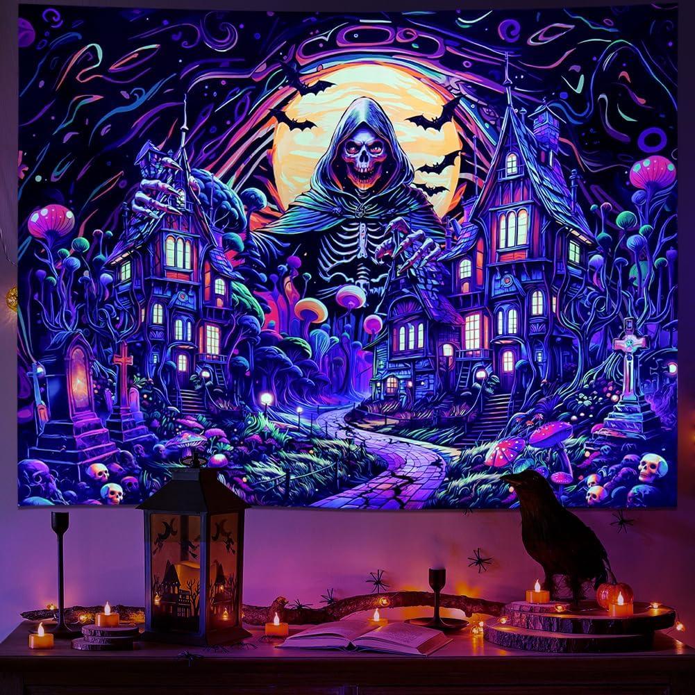 Ameyahud Blacklight Horror Halloween Tapestry UV Reactive Gothic Skull Tapestries Misty Castle Skeleton Tapestries Scary Moon Night Tapestry Dark Halloween Wall Hanging Decor for Home (59.1"L x 51.2"W)