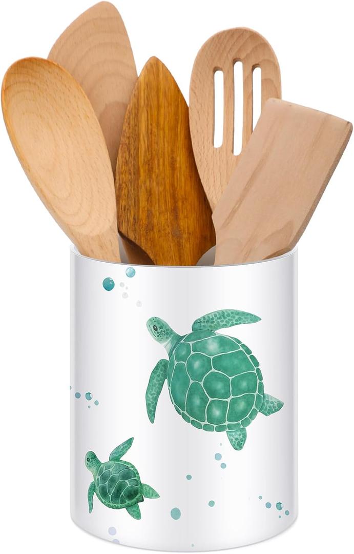 WILLBOND Sea Turtle Utensil Holder for Kitchen Counter Cute Acrylic Cooking Utensil Crock Organizer Countertop Spoon Holder Caddy Coastal Kitchen Decor Housewarming Gift