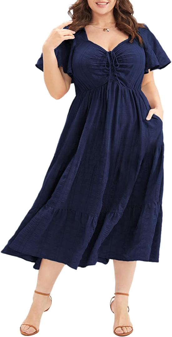 Eytino Womens Plus Size Summer Dress Short Sleeve Sweetheart Neck Ruffle Tiered Maxi Long Dresses(1X-5X) (B Blue) 
5X Blue