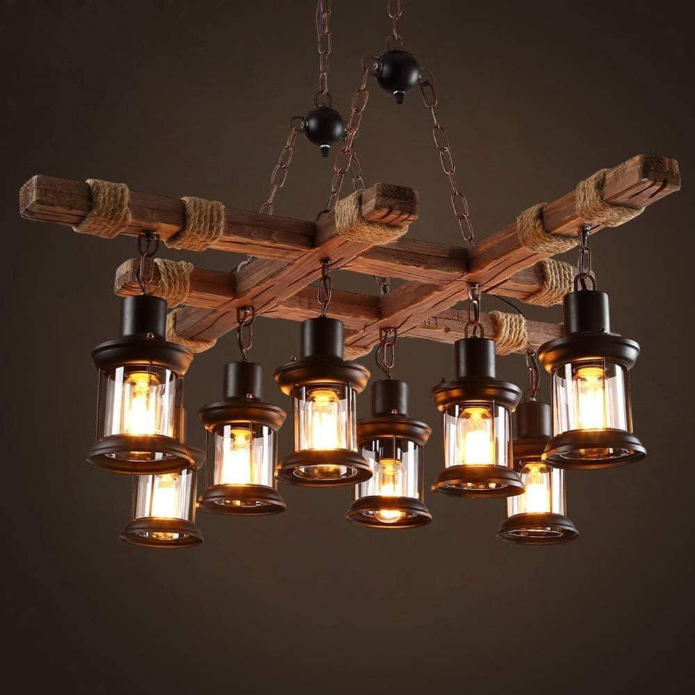 GHY 8 Lights Industrial Wooden Hanging Lighting Black Metal Chandelier Farmhouse Vintage Pendant Lamp Glass Lampshade for Pool Table Kitchen Island Bar Retro Ceiling Light Height Adjustable Fixture