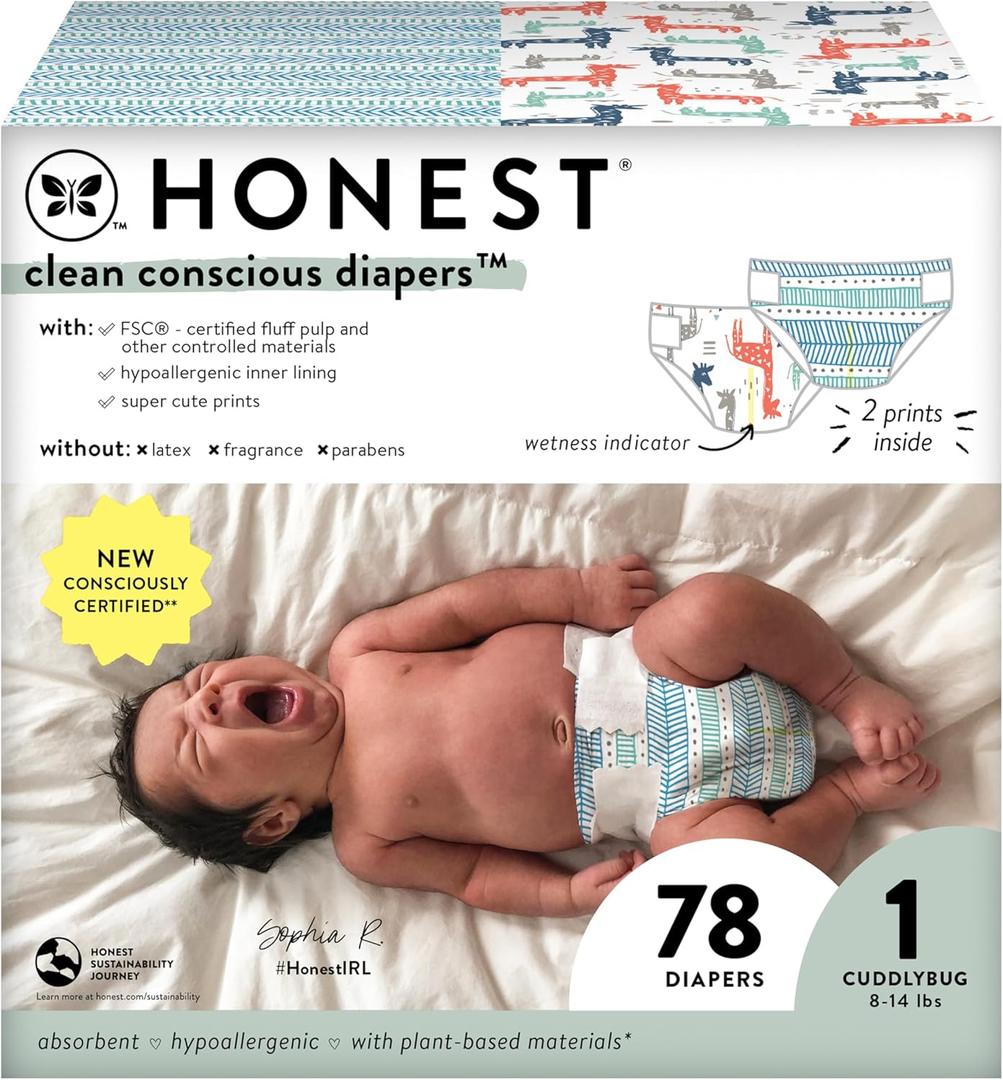 The Honest Company Clean Conscious Diapers for Sensitive Skin | Hypoallergenic, Fragrance Free | Gender Neutral Prints | Club Box, Size 1 (8-14 lbs), 78 Count (Dots & Dashes + Multi-colored Giraffes)