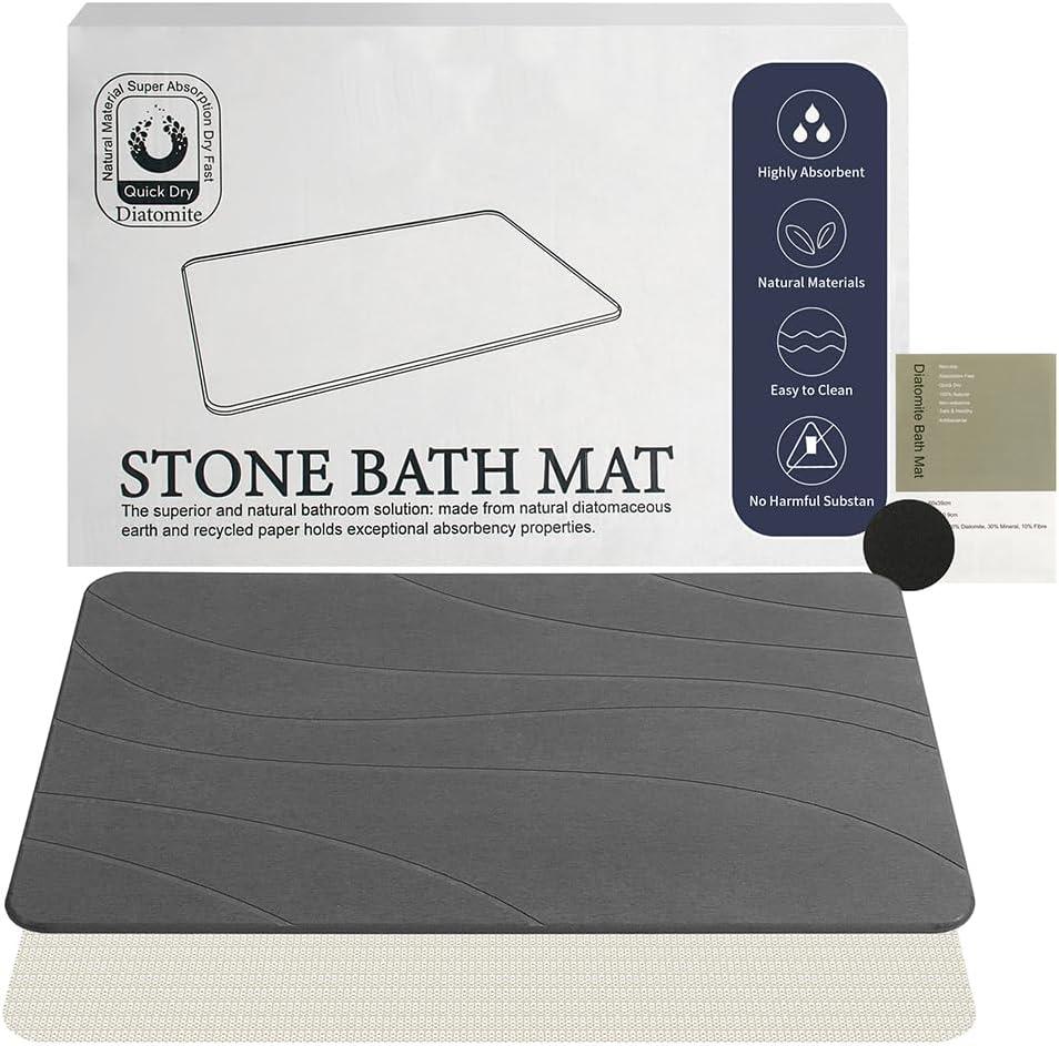 Stone Bath Mat, Quick Drying Bath Mat for Bathroom, Diatomaceous Earth Mat, Quick Dry Shower Mat, Fast Absorbent, Elegant Design, Easy to Clean - Grey 23.615.35