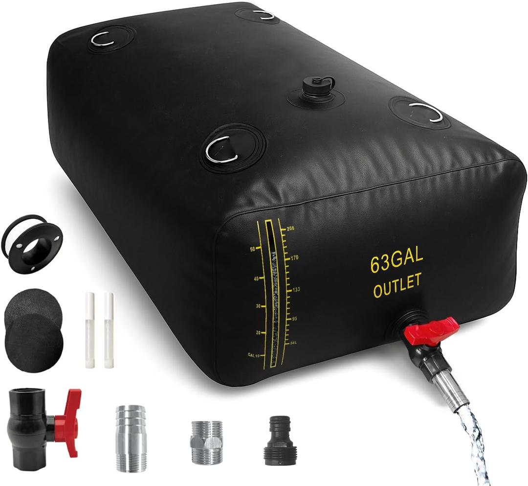 240L/63 Gal Water Bladder with Water Level Indicator, PVC Foldable and Portable Water Tank with 3 Connectors and Overflow Kit, Ideal for RV, Camping, Rainwater Collecting,Planting Watering
