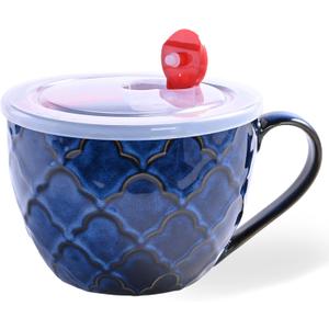 Ceramic Soup Mugs with Handles, 24 oz Microwave Safe Soup Mug/Cup with Lid, Large Soup Mug for Coffee, Cereal, Oatmeal, Salad, Ramen, Noodle, Soup, Housewarming Wedding Gift, Reactive Glaze Blue