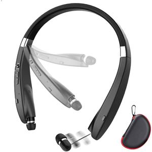 Foldable Bluetooth Headset, Beartwo Lightweight Retractable Bluetooth Headphones for Sports&Exercise, Noise Cancelling Stereo Neckband Wireless Headset (with carry case) (Black matte)
