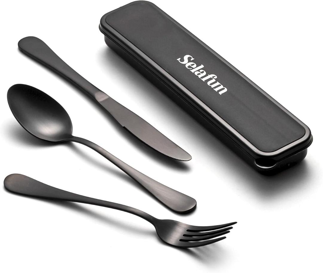 4-pieces Travel Set with Case Portable Silverware Utensils Set for work, Stainless Steel Reusable Flatware Set Cutlery Set for Camping Picnic Hiking Office (8inch, Matte Black)