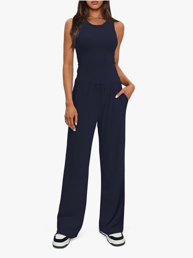 Tanou Women's 2 Piece Outfits Lounge Sets Sleeveless Tank Tops Wide Leg Pants Sets Tracksuits Match Sets S