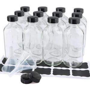 PINIWON 12 Pack 8 oz Clear Glass Bottles, 240ml Boston Round Sample Bottles with Black Poly Cone Caps, Labels and Funnels