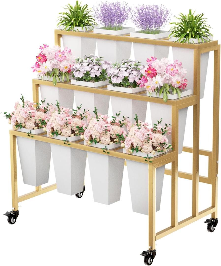 Flower Display Stand with 12 Buckets, 3 Layers Flower Bar, Gold Metal Plant Stand with Wheels, Heavy Duty Flower Cart for Indoor Outdoor Patio Garden Wedding Florist, Gold Metal Frame