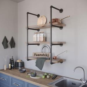Yuanshikj 2Pc (42" Tall,12" deep) Industrial Wall Mount Iron Pipe Shelf Shelves Shelving Bracket Black Bookshelf DIY Storage offcie Room Kitchen (2 Pcs 4Tier Hardware Only)