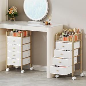SWTYMIKI Rolling Makeup Organizer Cart - Under Desk Vanity Makeup Storage with 4 Non-woven Drawers, Nail Cart Organizer Cosmetic Display Cases Cabinet for Skin Care Perfume Nail Polish Brush Hair Tool (5-Tier, Gold)