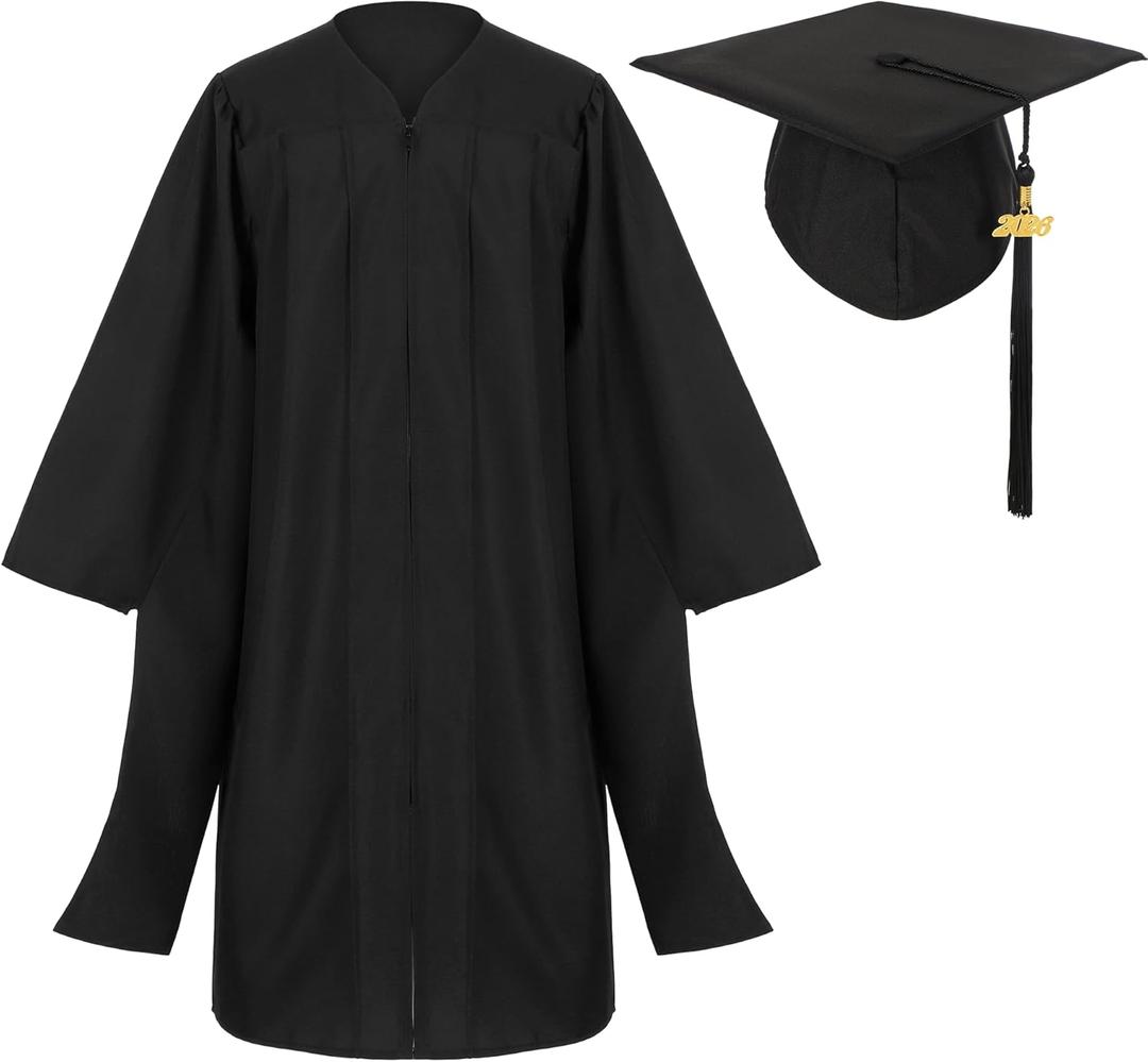 Unisex Classic Black Matte Graduation Master Cap and Gown with Year Tassel Set for Degree Regalia (42)