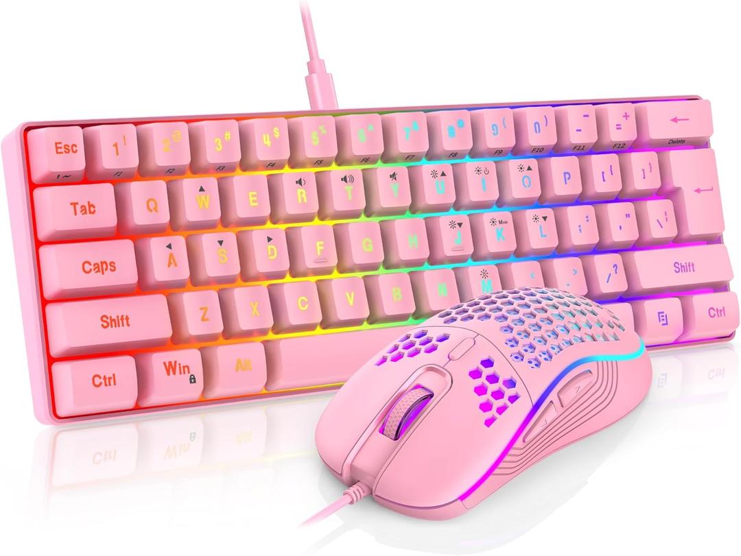 RedThunder 60% Gaming Keyboard and Mouse Combo, Ultra-Compact 61 Keys RGB Backlit Mini Keyboard, Lightweight 7200 DPI Honeycomb Optical Mouse, RGB Wired Gaming Set for PC MAC PS5 Xbox Gamer(Pink)