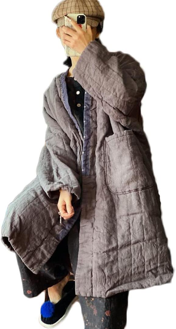 NFYM Women's Quilted Knee Length Coat Open Front Kimono Style Jacket Handmade Threading Outwear for Winter (Grey, One Size)