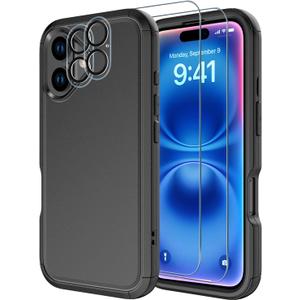 Diverbox for iPhone 16 Case [Shockproof] [Dropproof] [Tempered Glass Screen Protector + Camera Protectors] Heavy Duty Protection Phone Case Cover for Apple iPhone 16 (Black)