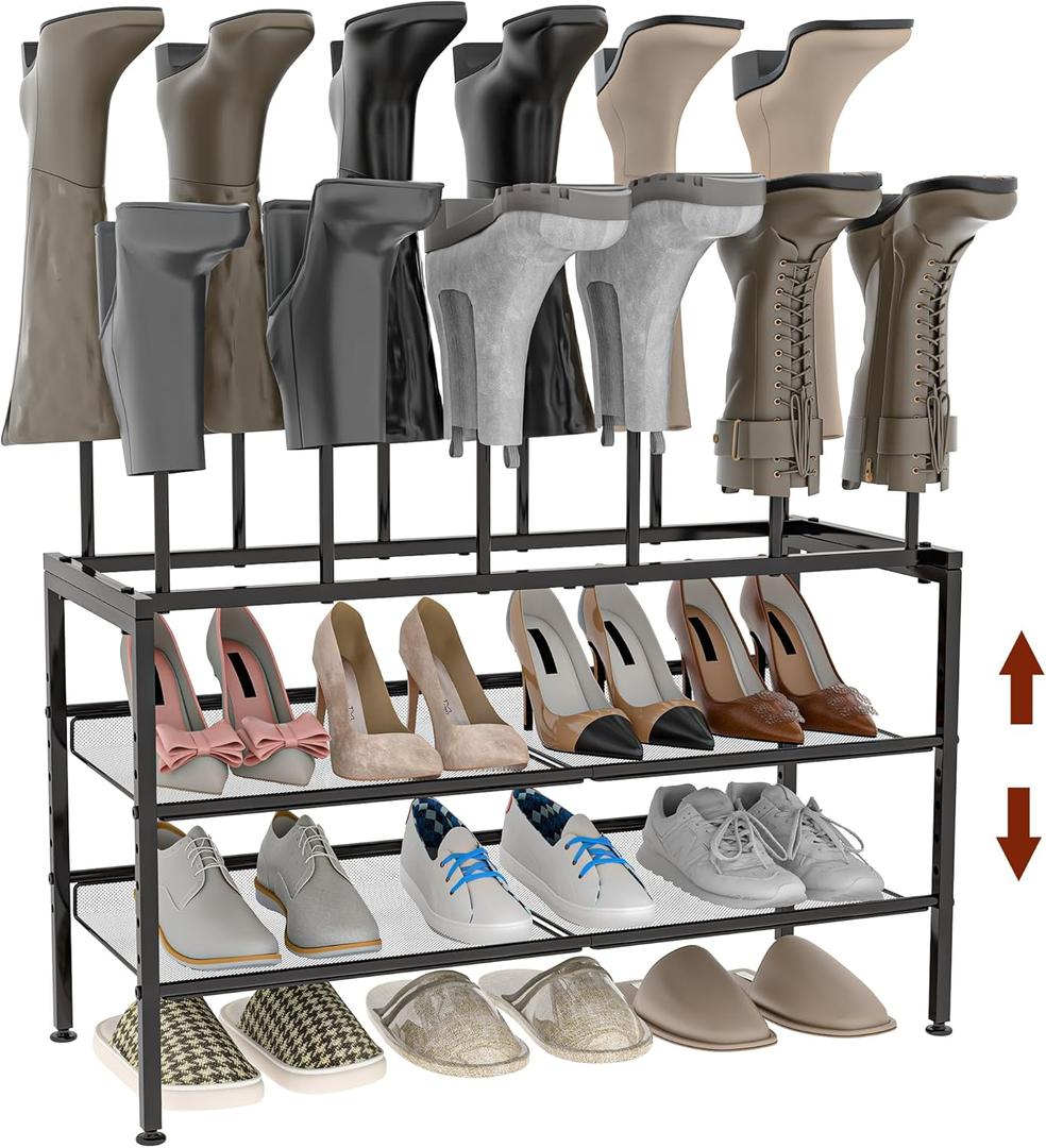 Adjustable Shoe and Boot Rack in One, Combined & Separate Use, Freestanding Boot Storage Organizer and 3 Tiers Tall Shoe Rack, Metal Shoe Rack for Closet, for Front Door Entrance Garage