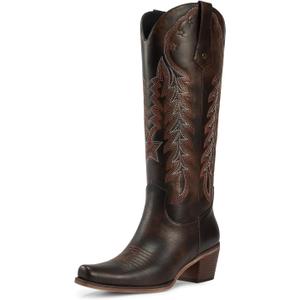 wetkiss Cowboy Boots for Women Knee High Cowgirl Boots Retro Embroidered Chunky Heels Pointed Toe Western Long Tall Boot Pull On (8.5, Darkbrown)