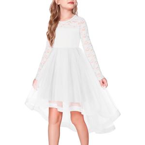 Arshiner Flower Girl Lace Tutu Dresses High Low Hem Long Sleeve Flowy Formal Party Wedding Dress (White, 165)