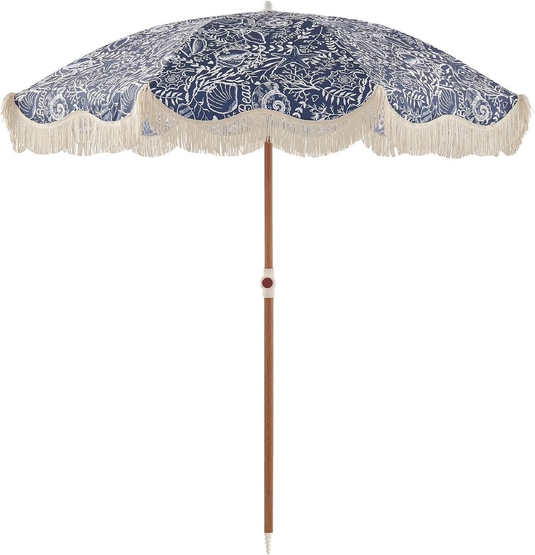 6FT Fringe Beach Umbrella for Sand, Boho Coastal Patio Umbrella with Tassels, UPF 50+ Sun Protection, Tilt, Carry Bag for Beach Vacation & Pool, Reef Indigo
