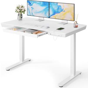 Marsail Glass Standing Desk with Drawer, 48 x 24 inch Electric Standing Desk,Sit Stand Desk with One-Piece Tabletop & USB Charging Ports, Height Adjustable Desk with Storage for Home & Office Light White
