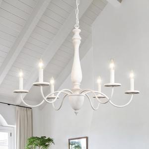 6-Light Chandelier Farmhouse Chandeliers for Dining Room Lighting Fixture, French Country White Chandelier Brown White Wood Chandeliers for Living Room Bedrooms Dining Room Foyer