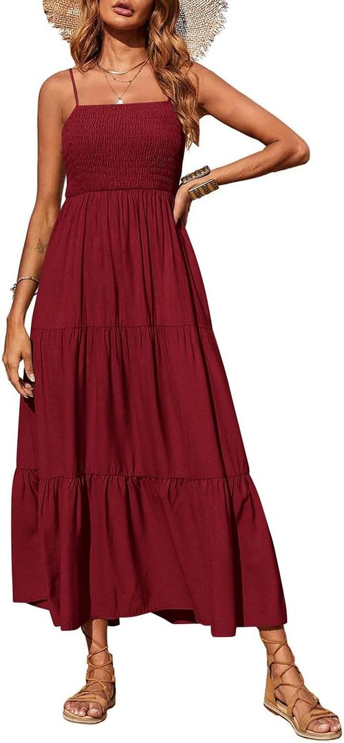 PRETTYGARDEN Women's Summer Maxi Dress 2026 Casual Boho Sleeveless Spaghetti Strap Smocked Tiered Long Beach Sundresses (S)