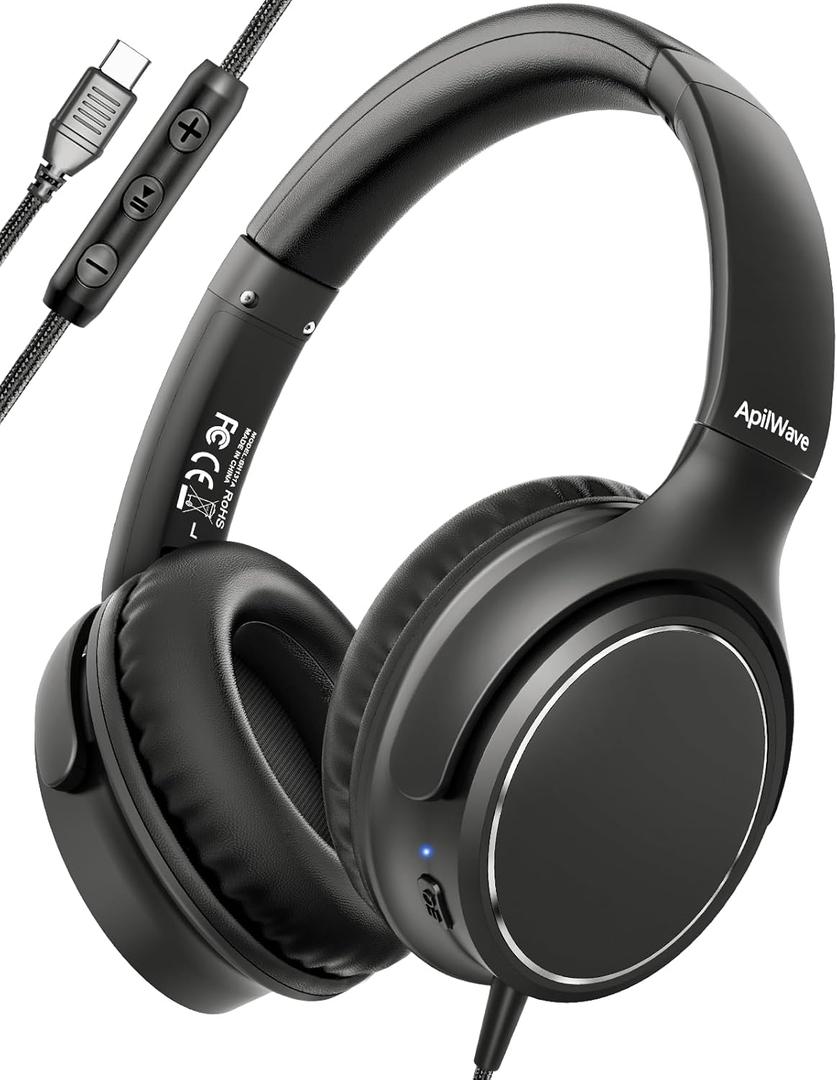 Wired Headphones with 3 EQ Music Modes & Mic, Over Ear Headphones with 1.2m Cord, Deep Bass and Hi-Fi Stereo Sound USB C Headphones/Lightweight Headset/Foldable for PC, Phone, Laptop, Podcast, Office