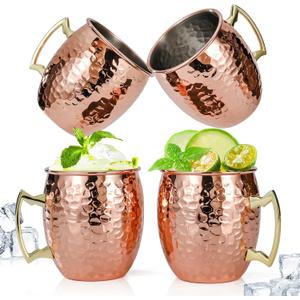 Amrules Moscow Mule Mugs Set of 4, 16 OZ Hammered Copper Cups with 304 Stainless Steel Lining and Gold Brass Handles, for Cold Drinks, Beer, Wine, Bars, Parties