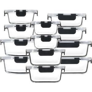 12 Pack Glass Meal Prep Containers with Airtight Lids, Leak-Proof Food Storage Containers, Dishwasher/Microwave/Oven/Freezer Safe Glass Containers for Lunch, Leftovers, to Go (Grey)