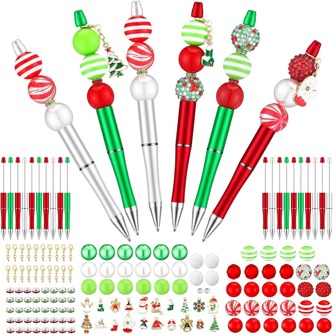 Gueevin 150 Pcs Christmas Beadable Pen 20 Sets DIY Christmas Pens Bulk with Focal Silicone Beads Making Kit Acrylic Beaded Diamond Spacer Charms for School Kids Making Gift Office Classroom Supplies