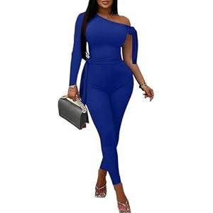 ECHOINE Sexy One Off Shoulder Jumpsuits For Women Long Sleeve Bodycon Rompers One Piece Outfits Blue M