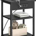 CALERTAIN End Tables with Charging Station USB Ports, 3 Tier Tall Night Stand with Storage Shelves,Narrow Side Table for Small Space Living Room Bedroom Office, Record Player Stand, Black