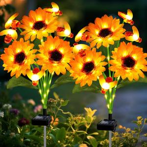 Solar Garden Lights 4 Pack Solar Swaying Bee Lights with Sunflowers, Gifts for Mom Women Mothers Day, Waterproof Firefly Flower Light for Outdoor Decor, Fall Decoration for Patio Yard Landscape