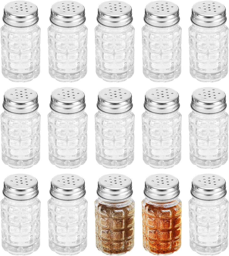 Jucoan 16 Pack Retro Style Glass Salt and Pepper Shakers with Stainless Steel Top, 2 oz Small Glass Spices Shakers Seasoning Bottle Jars for Kitchen Restaurant Wedding BBQ Party Camp Travel