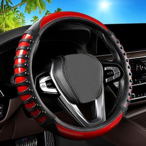 3D Massage Red Carbon Fiber Leather Steering Wheel Cover, 14.5-15 Inch Non-Slip Breathable Microfiber Car Steering Wheel Protector