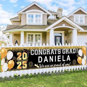 Personalized Graduation Banner, Graduation Banner Class Of 2025 With Letter Stickers For Custom Name, 2025 Graduations Party Decorations For High School College Supplies, Size 20 X 99 (Black Gold)