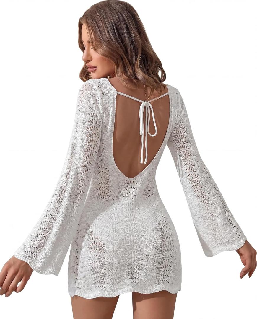 Unittype Women Swimsuit Cover Up Crochet 2026 Summer Knit Bathing Suit Mesh Hollow Out Backless Beach Dress Swimwear Cover Up (White)