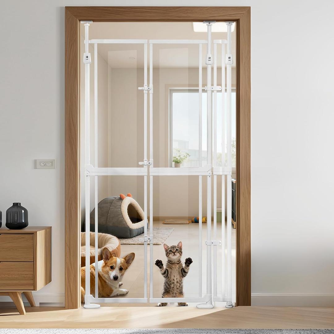 NiceTCU 74.80-98.43'' Extra Tall Cat Gate, Adjustable 33.86-41.34" Wide, Transparent Full Door Pet Gate, Auto Close No Drilling Cat Proof Safety Gate for Doorway Stairs- White