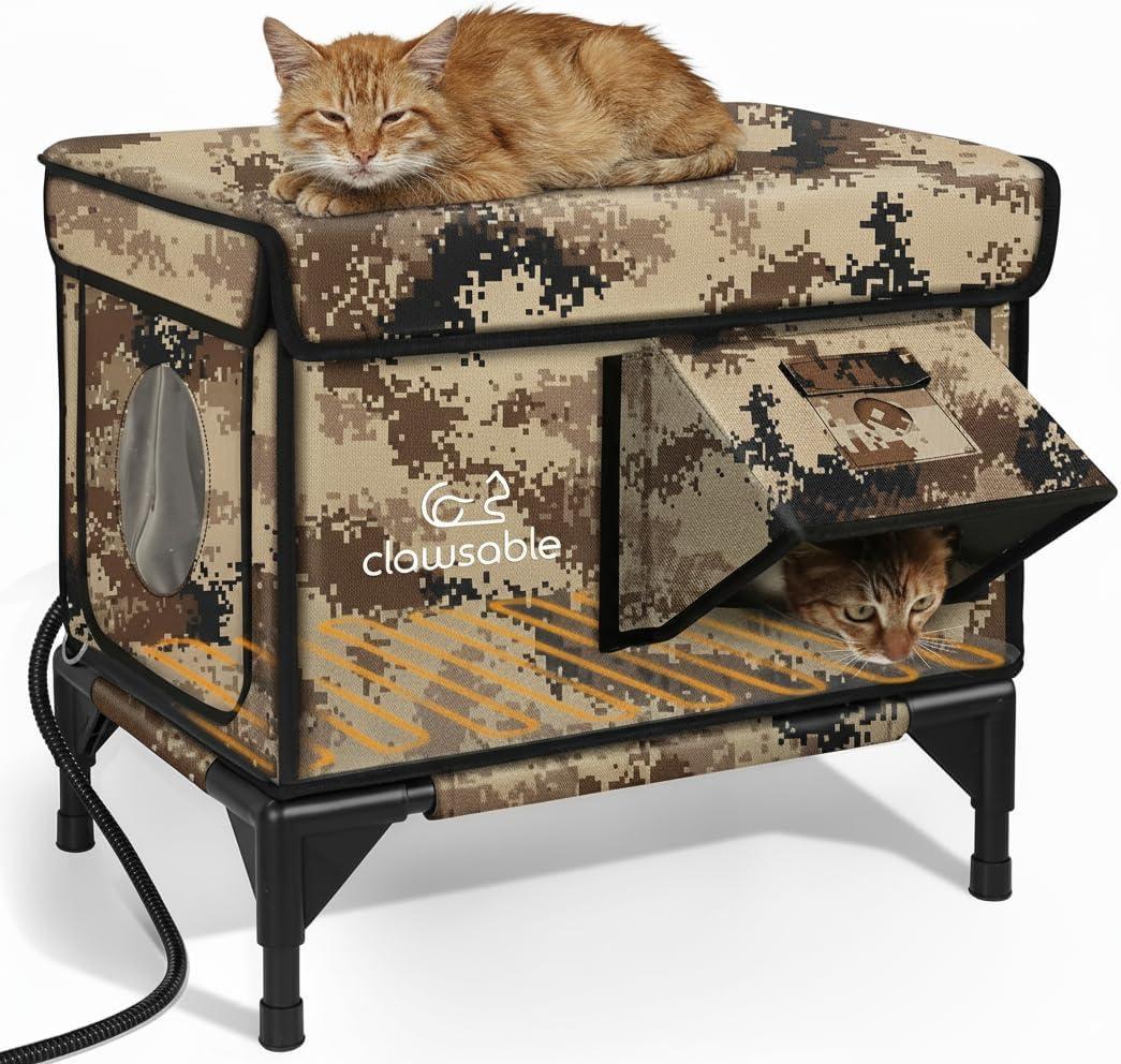 Indestructible Heated Cat House for Outside Winter, 100% Waterproof, Safe Escape Door, Insulated Outdoor Cat Shelter with Heater for Feral Barn Cat Kitty (Desert Camouflage, 13"x17"x18")