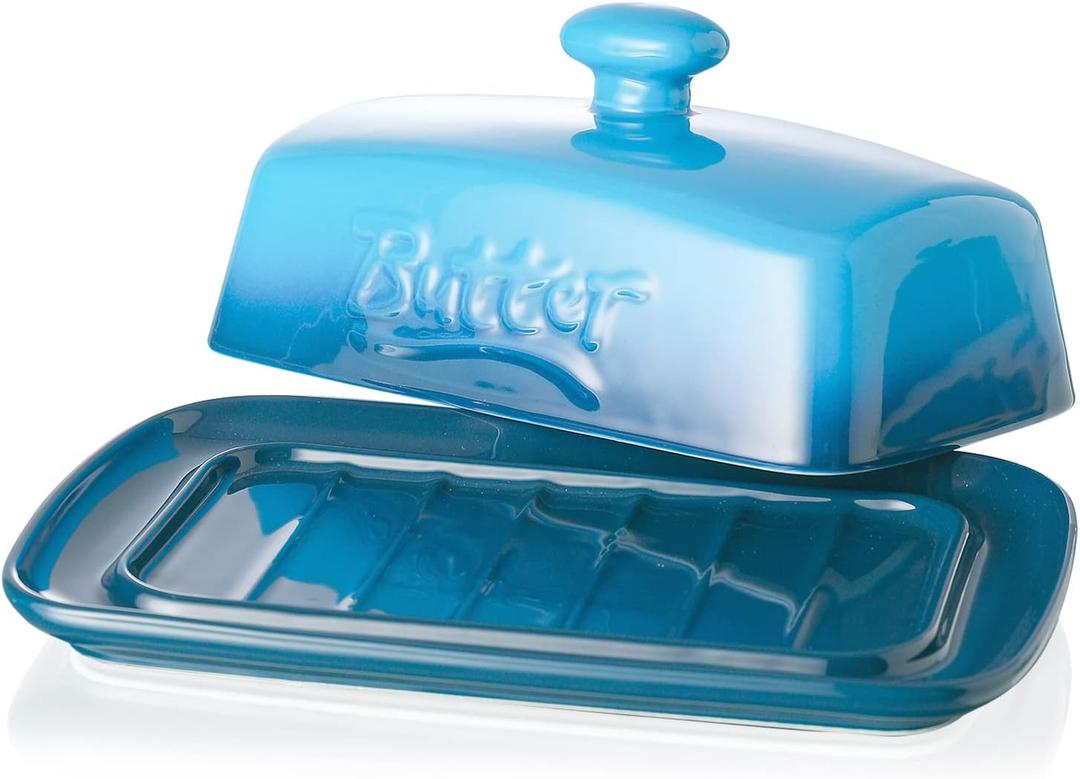 Large Porcelain Butter Dish with Lid, Candiicap Classic Color Changing Butter Keeper for Countertop, Large Butter Holder for Butter Storage, Dishwasher Safe (Navy Blue)