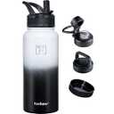 Fanhaw 32 oz Insulated Water Bottle – Portable Stainless Steel Flask with 3 Lids (Straw, Spout, Carabiner) | Leakproof, for Gym, Hiking, Work, Travel & Everyday Use (White Black)