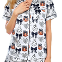 Women Cute Two Piece Pajama Set Y2K Bow Printed Satin Silky Short Sleeve Button Shirts Wide Leg Shorts Pjs Loungewear L