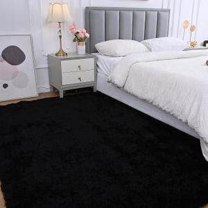 Fluffy Area Rug for Bedroom: Black Plush Soft Bedside Dorm Area Rug - Small Carpets for Bedroom Kids Room Nursery, Size 26"x72"