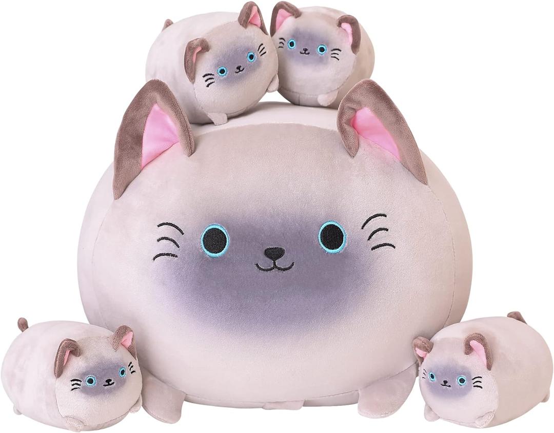 SQEQE Siamese Cat Plush, Cute Stuffed Animals Mommy with 4 Squishy Kitties, Soft Plush Pillow Gifts for Kids