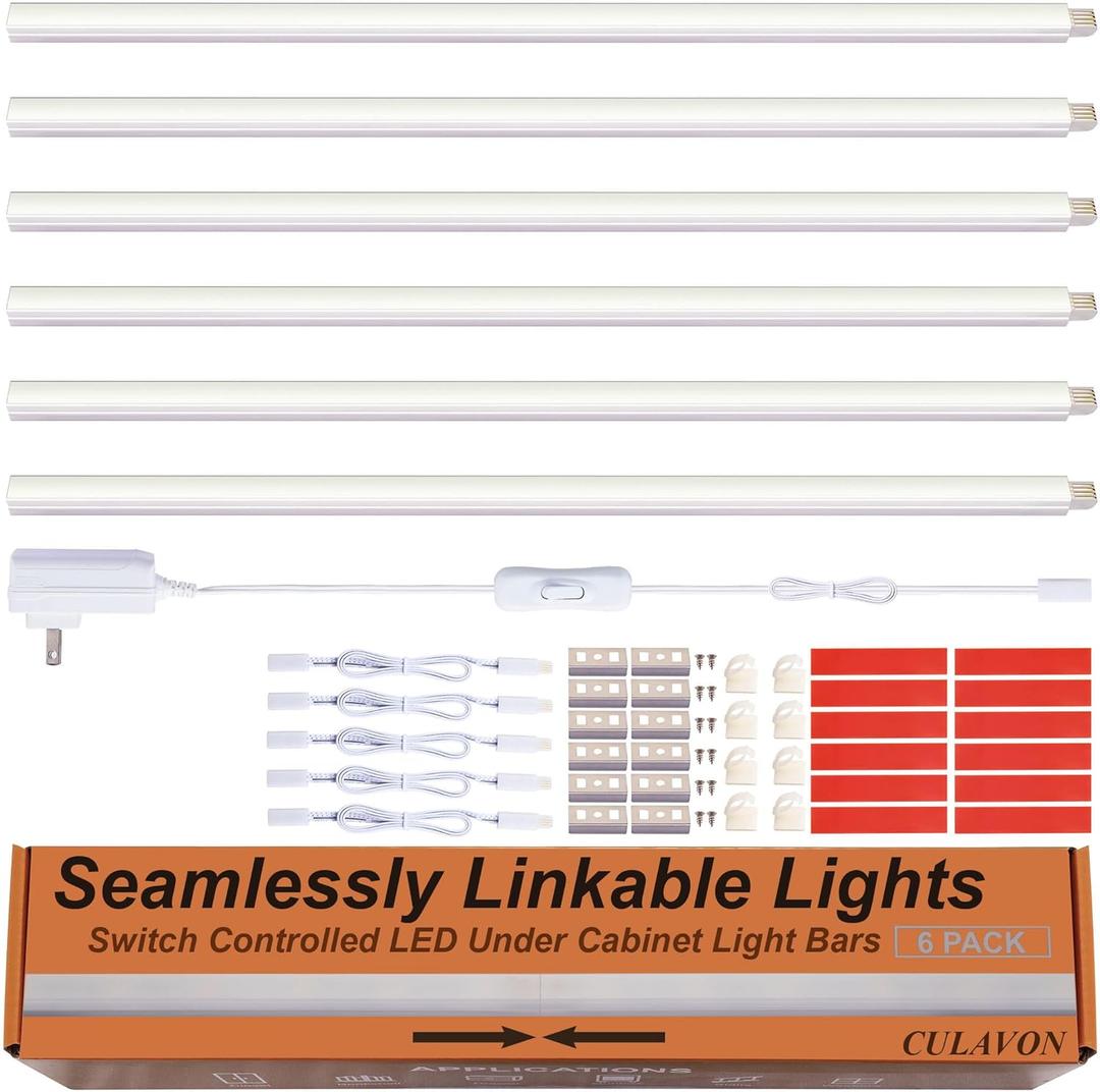 Under Cabinet Lights, Plug in, Seamlessly Linkable 12 Inch, 6 Bars+Switch+Extensions, Under Counter Lighting for Kitchen, Closet, Gun Safe, Shelf, Display Case, LED 3000k Warm White