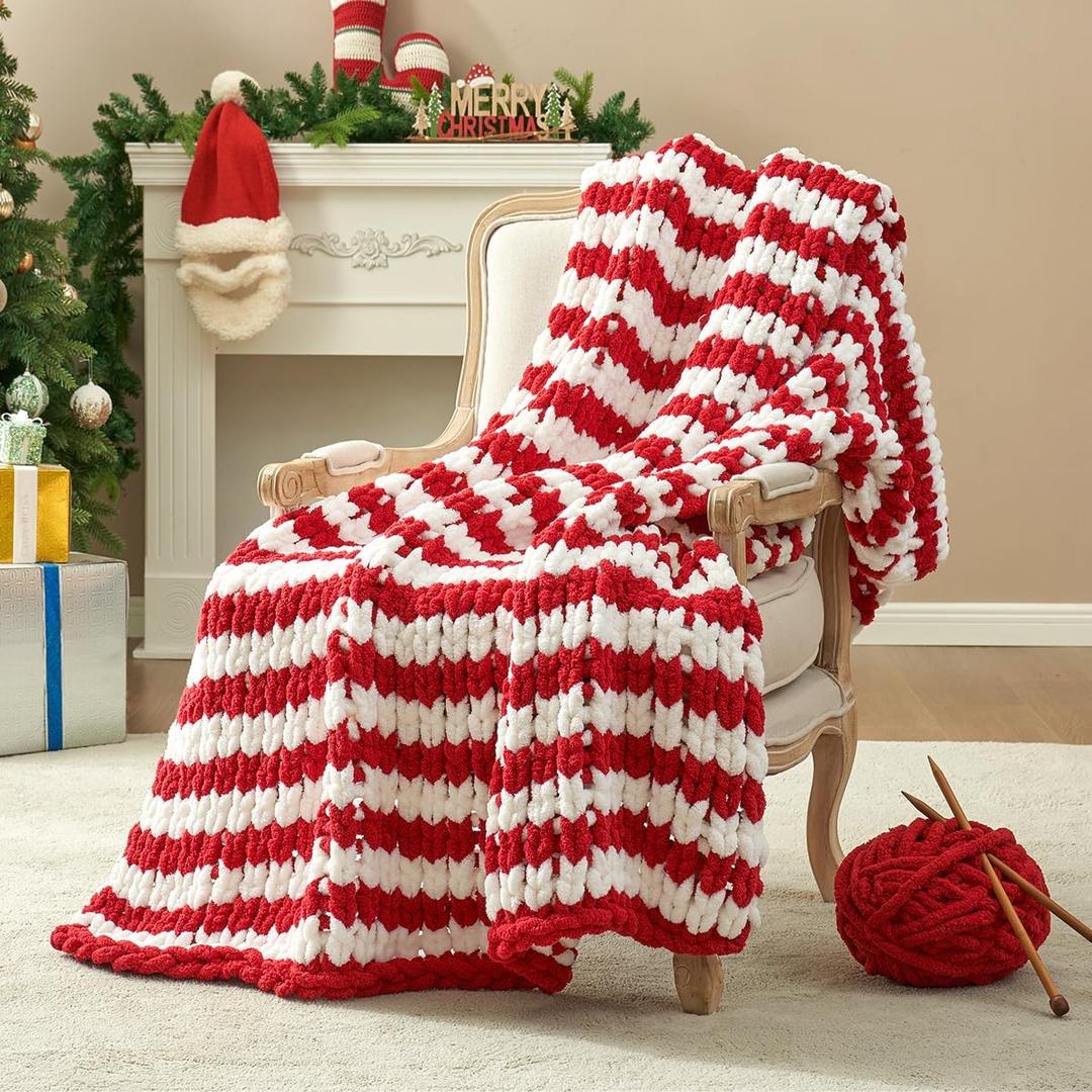 Amlie Home Chunky Knit Blanket Throw, Thick Soft Yarn Chunky Throw 50x60, Handmade Chenille Cable Knitted Crochet Throw Blanket, Warm Rope Knot Blanket for Couch Bed Sofa, Red White Stripe