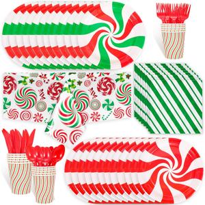 HOWAF 97pcs Christmas Candy Cane Party Supplies Tableware Set, Christmas Peppermint Candy Disposable Dinnerware for 12 Guest-1 Candy Cane Table Cover 12 Candy Cane Plates Cups Knife Fork Spoon Napkins