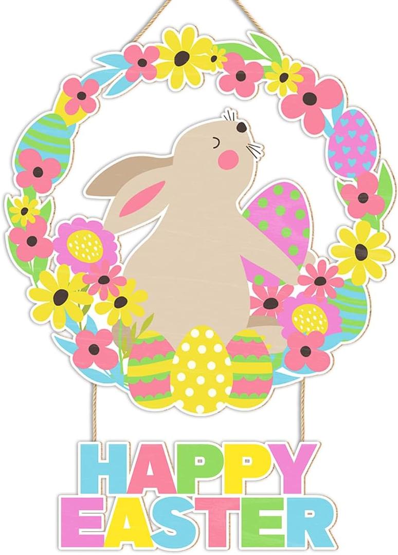 Happy Easter Spring Flowers Decor Sign for Home Room Wooden Wreaths Decorations, Funny Spring Rabbit Bunny Egg Decorations for Home Room, Easter Gifts for Women Men Rabbit Lover